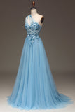 Light Blue A-Line One Shoulder Sequin Ball Dress with Appliques