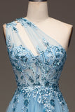 Light Blue A-Line One Shoulder Sequin Ball Dress with Appliques