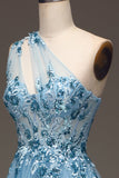 Light Blue A-Line One Shoulder Sequin Ball Dress with Appliques