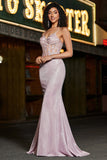 Trendy Mermaid Spaghetti Straps Blush Long Ball Dress with Beading