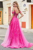 Sparkly Hot Pink A-Line Cold Shoudler Corset Ball Dress with Beading