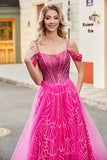 Sparkly Hot Pink A-Line Cold Shoudler Corset Ball Dress with Beading