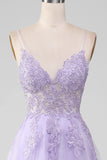 Sparkly Light Purple A-Line Spaghetti Straps Long Ball Dress With Beading