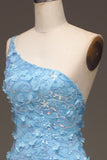 Light Blue Mermaid One Shoulder Side Slit Sequin Ball Dress with Appliques