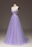 Purple A-Line Spaghetti Straps Long Beaded and Tulle Ball Dress with Appliques