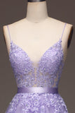 Purple A-Line Spaghetti Straps Long Beaded and Tulle Ball Dress with Appliques