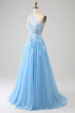 Stunning A Line One Shoulder Light Blue Long Tulle Ball Dress with Appliques