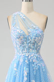 Stunning A Line One Shoulder Light Blue Long Tulle Ball Dress with Appliques