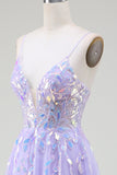 A-Line Purple Spaghetti Straps Sequin Ball Dress with Sequins