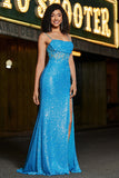 Stunning Mermaid Spaghetti Straps Blue Corset Ball Dress with Split Front