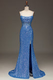 Spaghetti Straps Blue Sparkly Corset Ball Dress with Slit