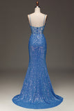Spaghetti Straps Blue Sparkly Corset Ball Dress with Slit