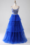Royal Blue A-Line Spaghetti Straps Tiered Ball Dress with Sequins