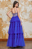 A Line Spaghetti Straps Royal Blue Tiered Long Ball Dress with Ruffles Appliques