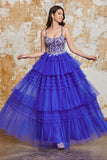 A Line Spaghetti Straps Royal Blue Tiered Long Ball Dress with Ruffles Appliques