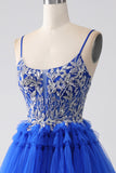 Royal Blue A-Line Spaghetti Straps Tiered Ball Dress with Sequins