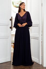 A Line V Neck Purple Mother Dress with Sleeves