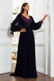 A Line V Neck Purple Mother Dress with Sleeves