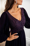 A Line V Neck Purple Mother Dress with Sleeves