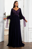 A Line V Neck Purple Mother Dress with Sleeves