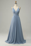 Dusty Blue Deep V Neck A Line Long Bridesmaid Dress