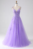 Lilac A-Line Spaghetti Straps Long Ball Dress with Appliques