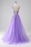 Lilac A-Line Spaghetti Straps Long Ball Dress with Appliques