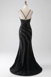 Black Mermaid Spaghetti Straps Beaded Long Ball Dress with Slit
