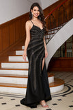 Sparkly Mermaid Spaghetti Straps Black Long Ball Dress with Beading Split Front