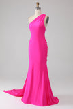 Mermaid Hot Pink One Shoulder Long Ball Dress
