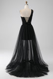 A-Line Black One Shoulder Sequins Long Ball Dress