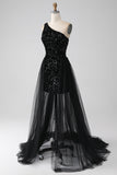 A-Line Black One Shoulder Sequins Long Ball Dress