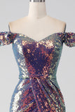 Sparkly Mermaid Off The Shoulder Purple Sequins Ball Dress with Slit