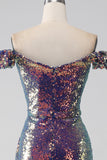 Sparkly Mermaid Off The Shoulder Purple Sequins Ball Dress with Slit