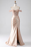 Mermaid Champagne Off The Shoulder Corset Ball Dress With Slit