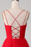 Red A-Line Spaghetti Straps Lace-Up Long Tulle Ball Dress