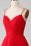 Red A-Line Spaghetti Straps Lace-Up Long Tulle Ball Dress