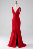 Mermaid V-Neck Red Backless Pleated Long Ball Dress with Slit