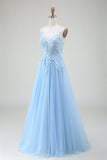 A-Line Light Blue Spaghetti Straps Sequin Ball Dress with Appliques