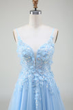 A-Line Light Blue Spaghetti Straps Sequin Ball Dress with Appliques