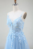 A-Line Light Blue Spaghetti Straps Sequin Ball Dress with Appliques