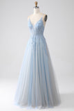 A-Line Spaghetti Straps Grey Blue Long Ball Dress with Beading