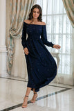 Navy Long Sleeves Prom Dress with Pearls
