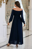 Navy Long Sleeves Prom Dress with Pearls