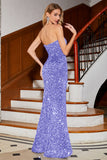 Mermaid Strapless Sequins Long Royal Blue Prom Dress With Slit