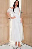 One Shoulder White Party Dress with Net Yarn