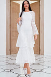 Jewel White Lace Mother Dress with Flared Sleeves