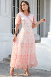 Pink V-Neck Puff Sleeves Party Dress