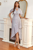 Grey Geometry Printed Mother of the Bride Dress