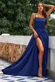 Royal Blue A-Line Spaghetti Straps Backless Long Satin Prom Dress with Slit